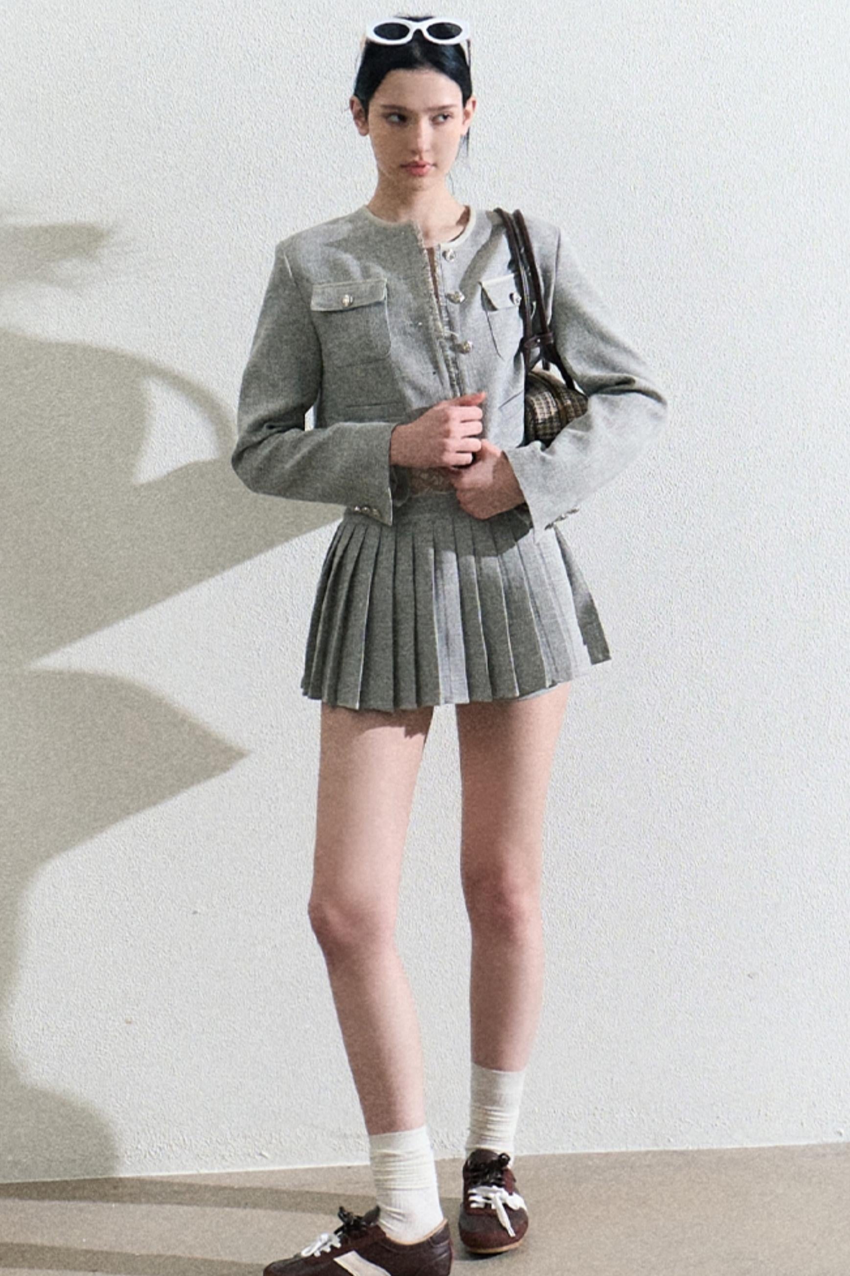 Grey Pleated Preppy School Blazer and Skirt Set