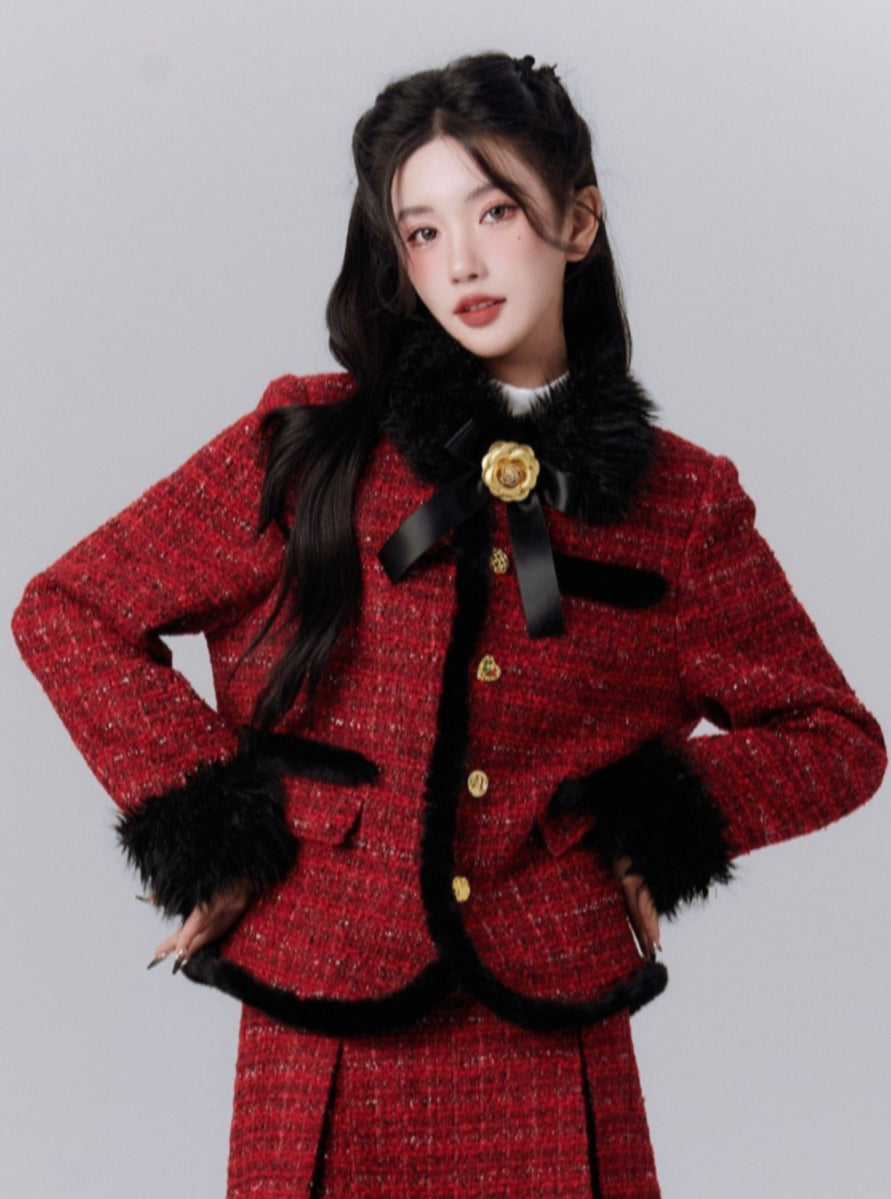 Luxe Burgundy Tweed Set: Fur-Trimmed Blazer and Pleated Mini Skirt