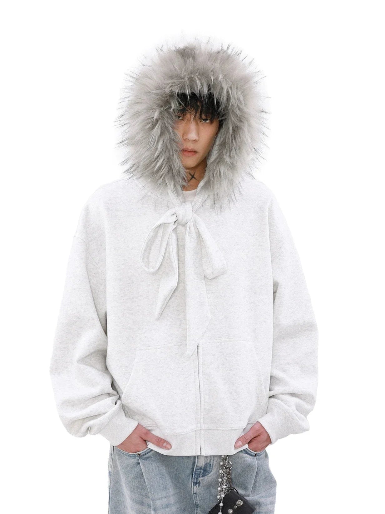 Faux Fur Hood Trim Zip-Up Hoodie