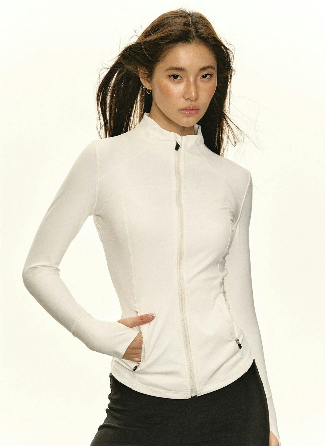 White Fitted Athletic Jacket with Mock Neck and Zip Pockets