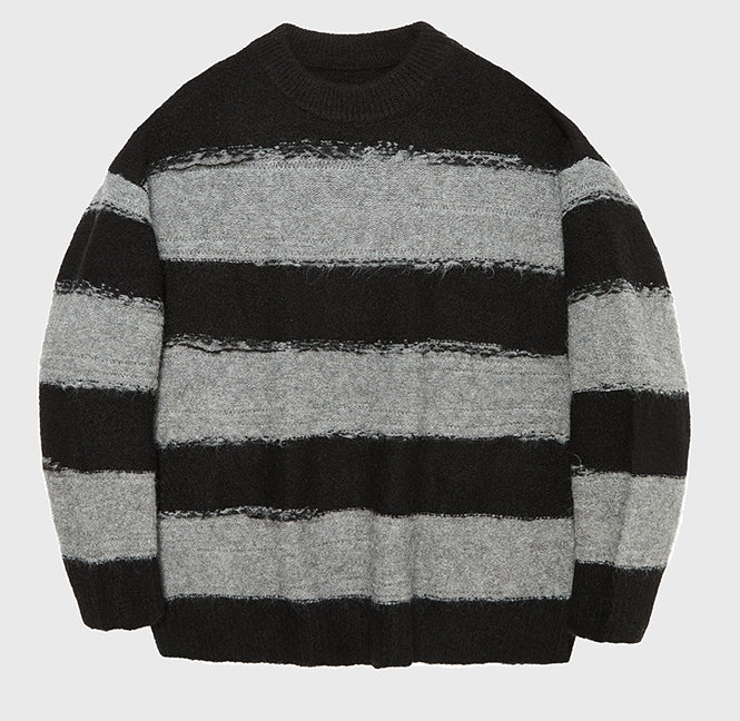 Irregular Wide-Striped Oversized Round Neck Sweater