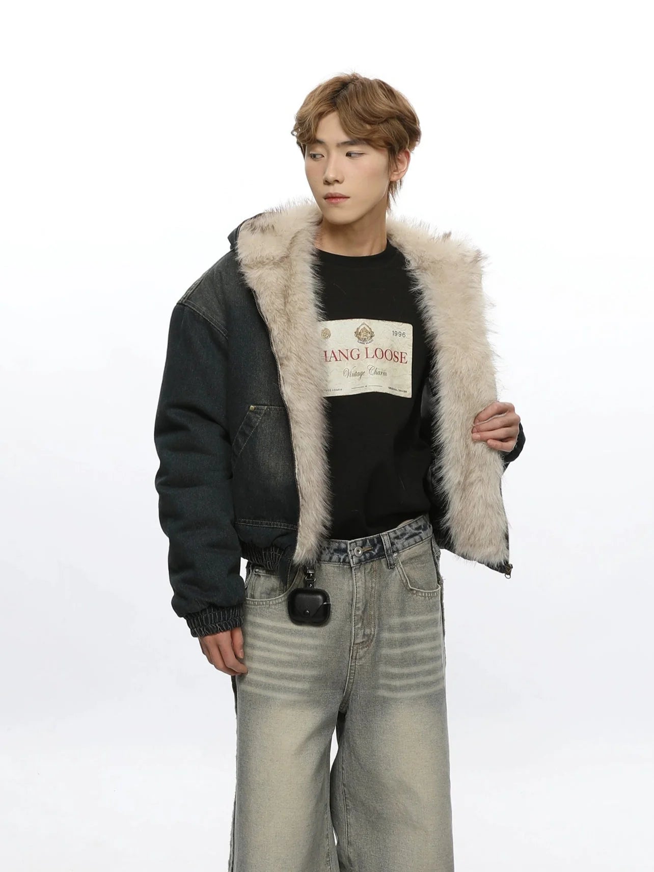 Fur-Lined Hooded Denim Bomber Jacket