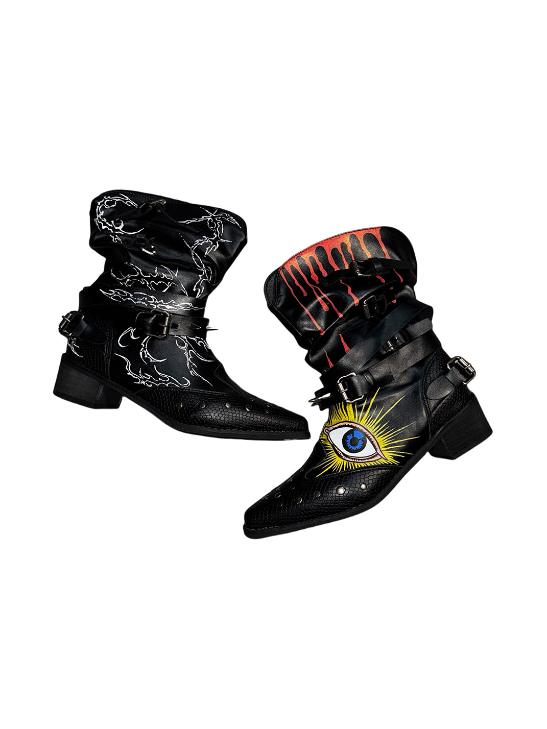 Graffiti Studded Pointed-Toe Buckle Boots - view 9