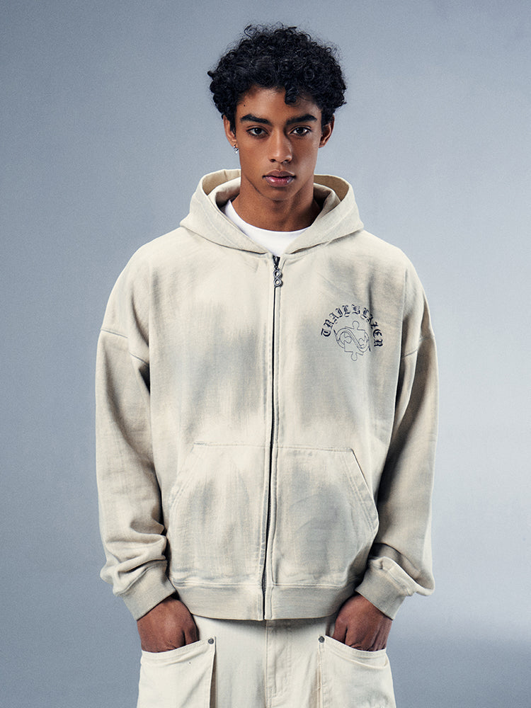 Vintage-Inspired Mud Dyed Zip-Up Hoodie - chiclara