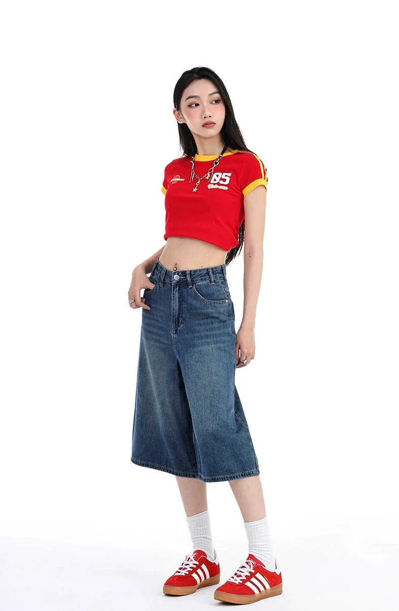 High Waist Denim Culotte Shorts