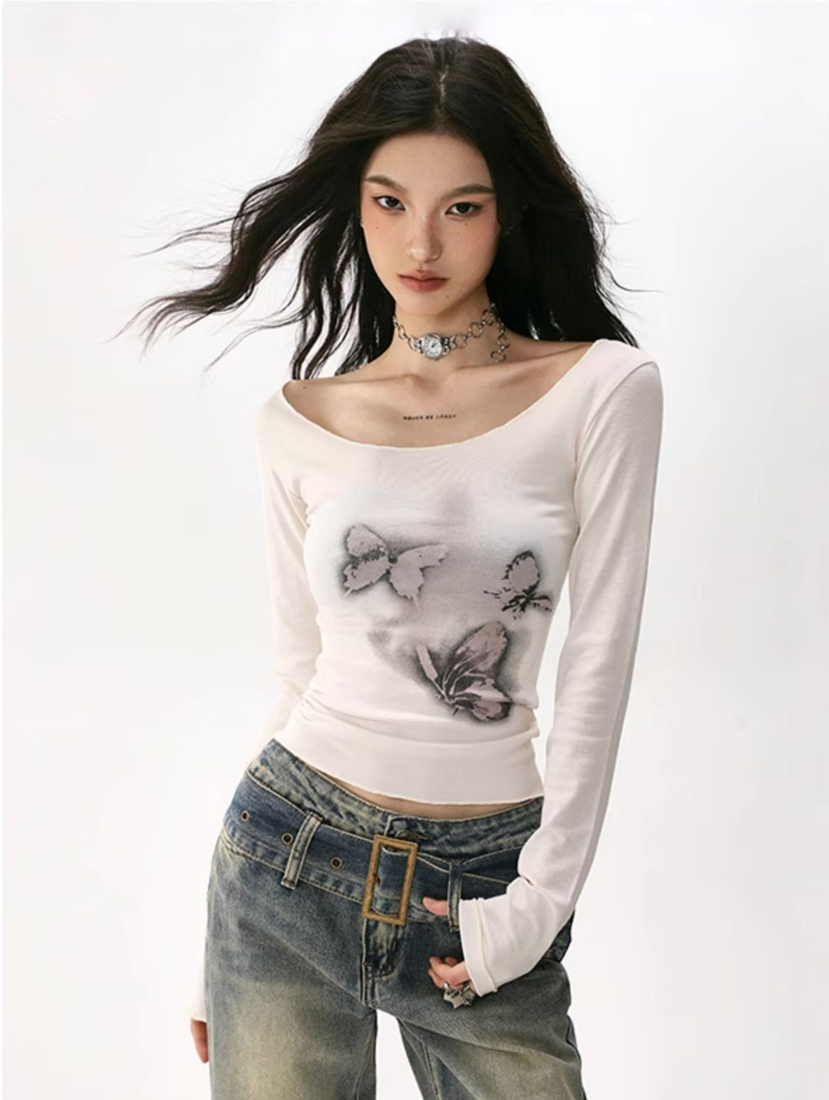 Retro Butterfly Tie-Dye Print Long Sleeve T-Shirt