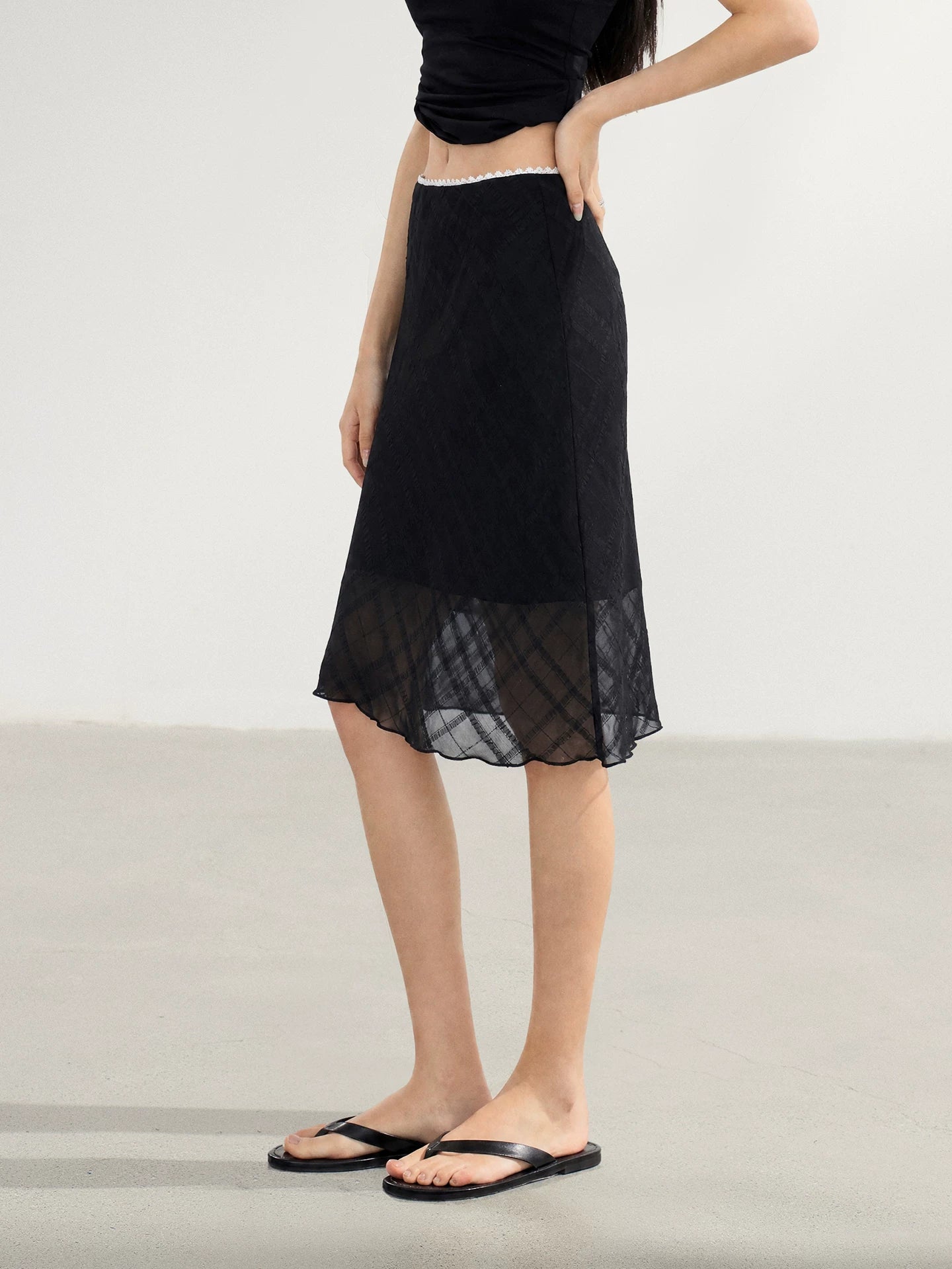 Low-rise lace panel midi skirt side view