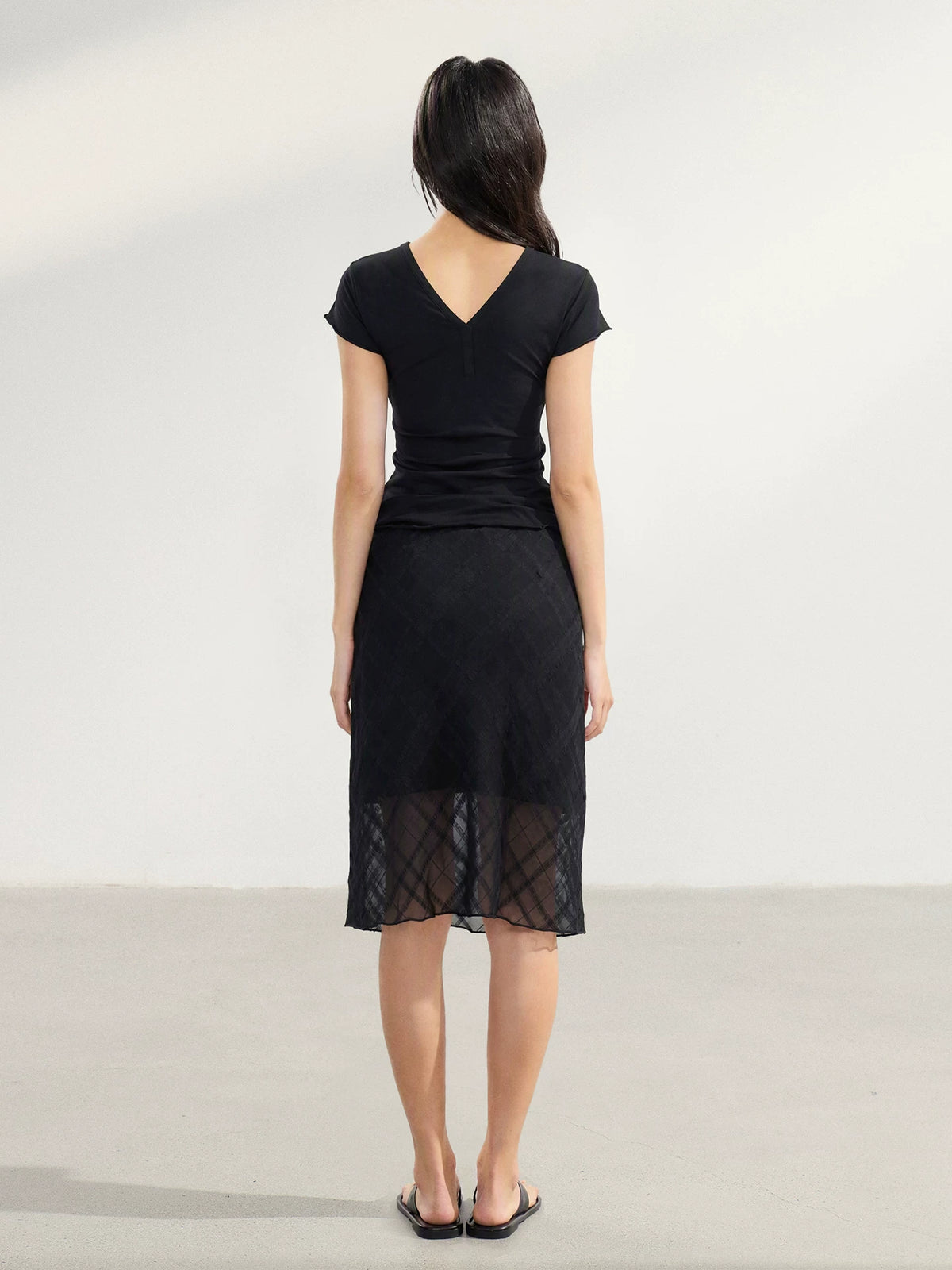 Black lace panel midi skirt back view