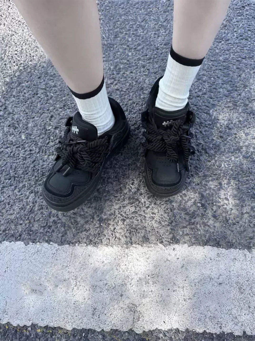 Tonal Black Fringed-Lace Platform Sneakers - view 2