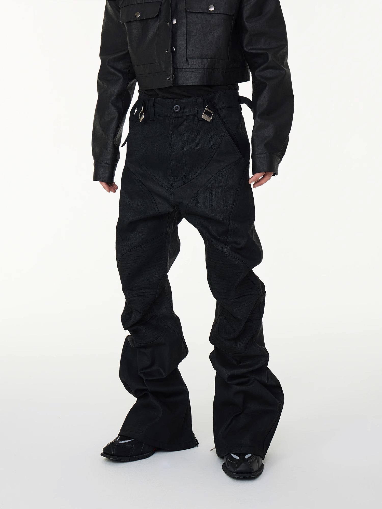 Black Moto-Panel Stacked Cargo Jeans