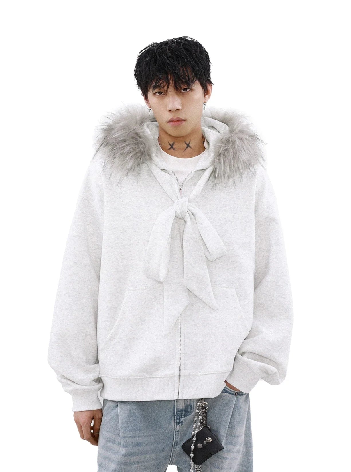 Faux Fur Hood Trim Zip-Up Hoodie