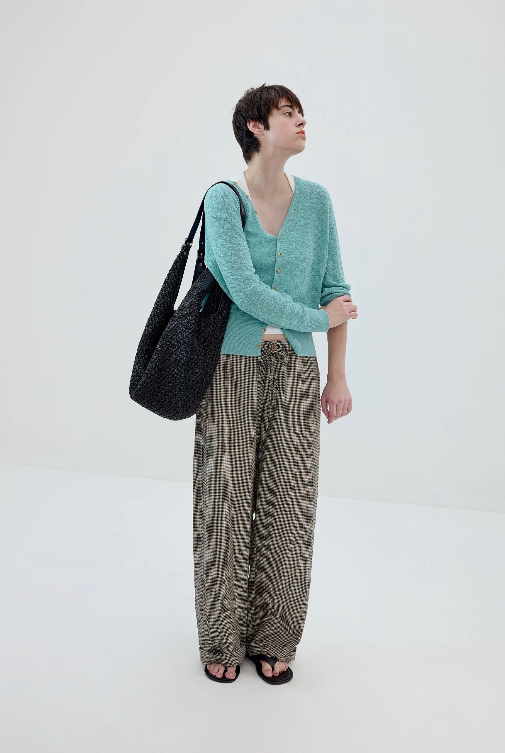 Plaid Linen Drawstring Trousers