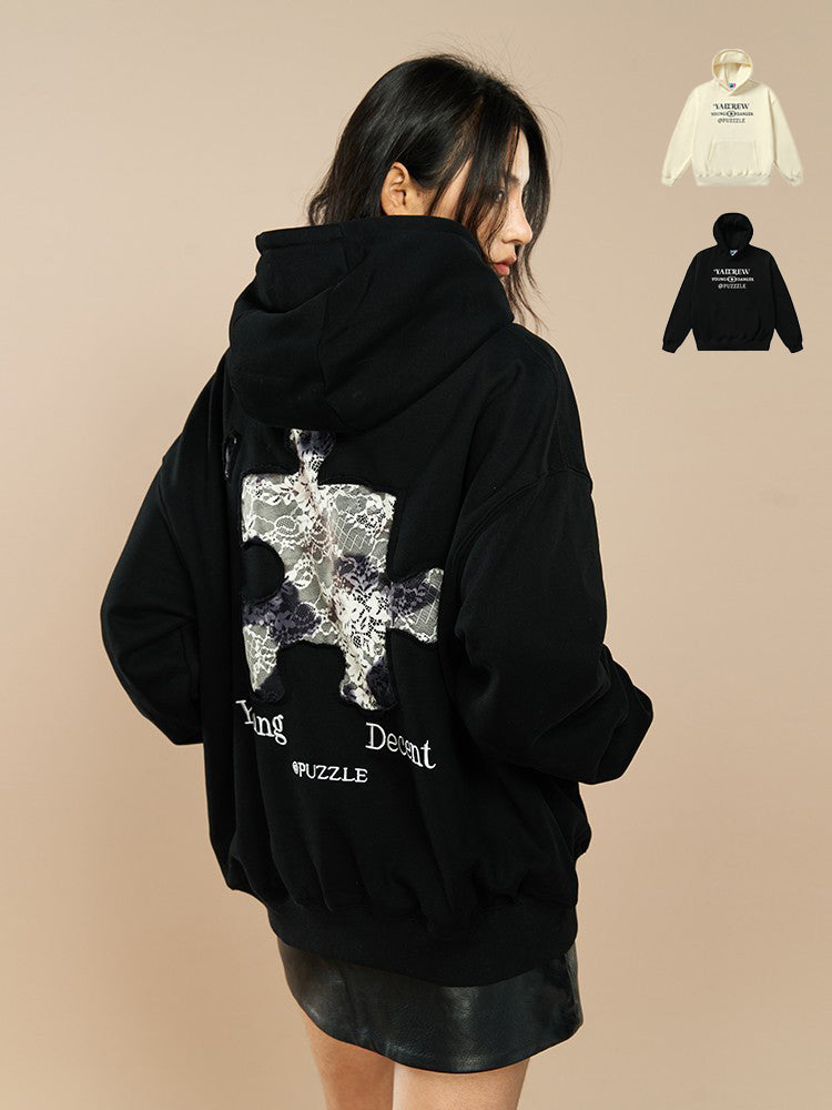 Intricate Lace Splicing Embroidery Puzzle Hoodie - chiclara