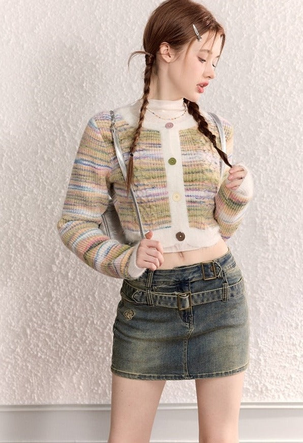 Stripe Knit Cropped Cardigan Tops - chiclara