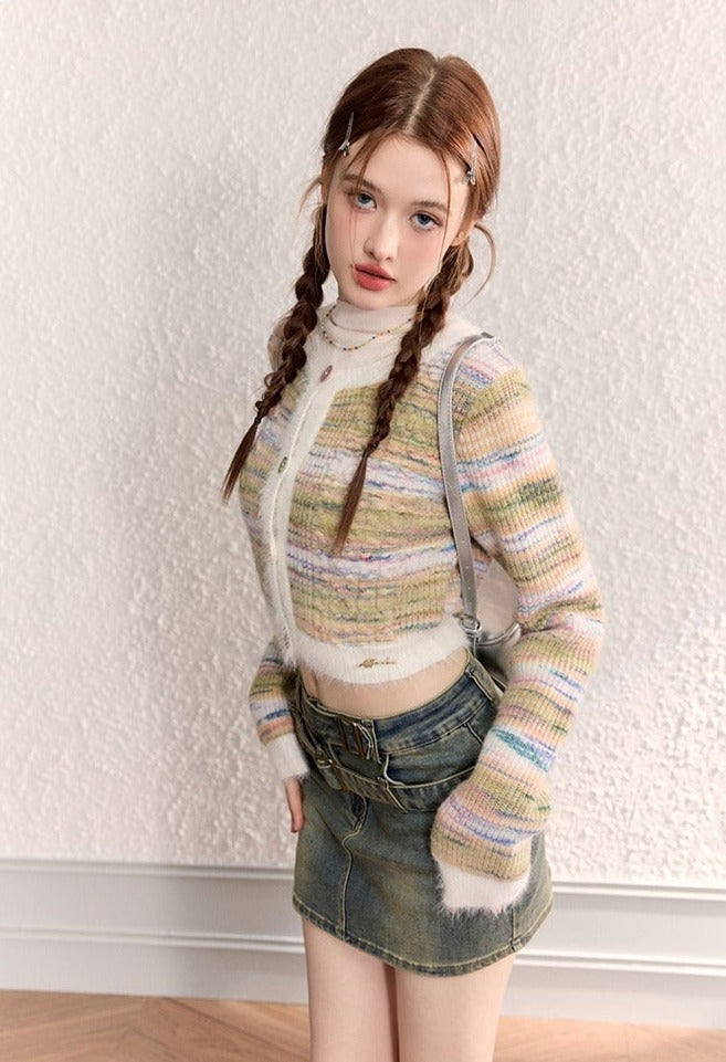 Stripe Knit Cropped Cardigan Tops - chiclara