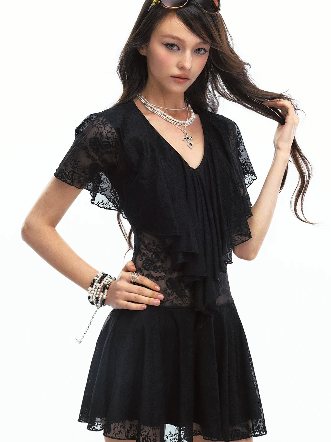 Black Flutter-Ruffle Lace-Waist Mini Dress - view 4