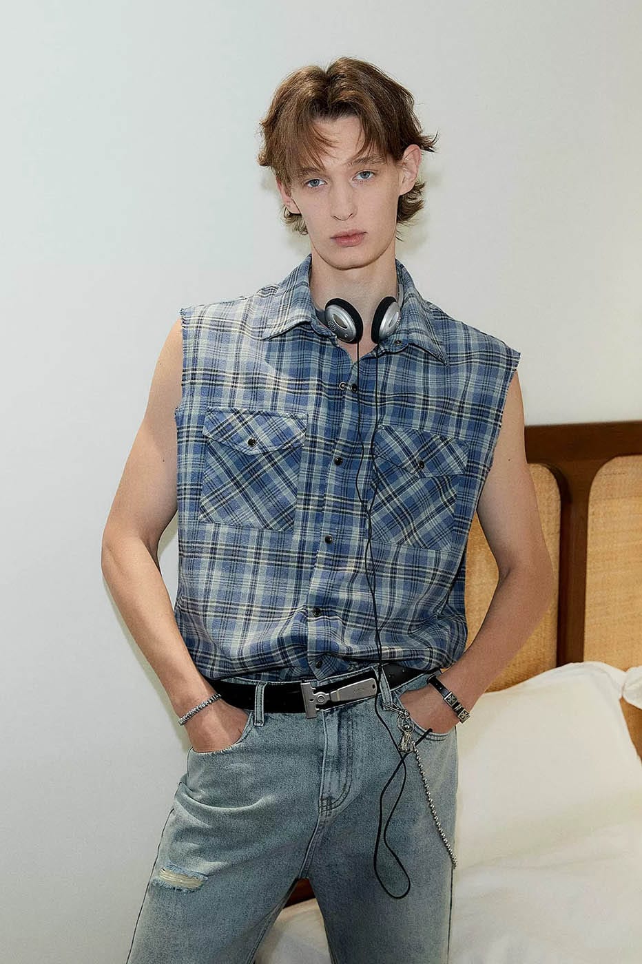 Sleeveless Distressed Plaid Shirt