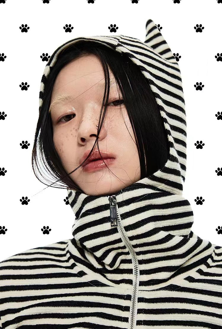 Striped Cat Ear Hoodie - Black And White Zip-Up Jacket - chiclara