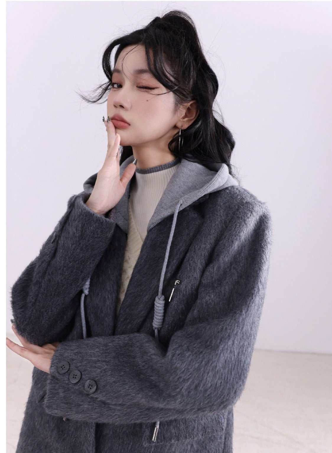 Charcoal Gray Hooded Denim Long Coat