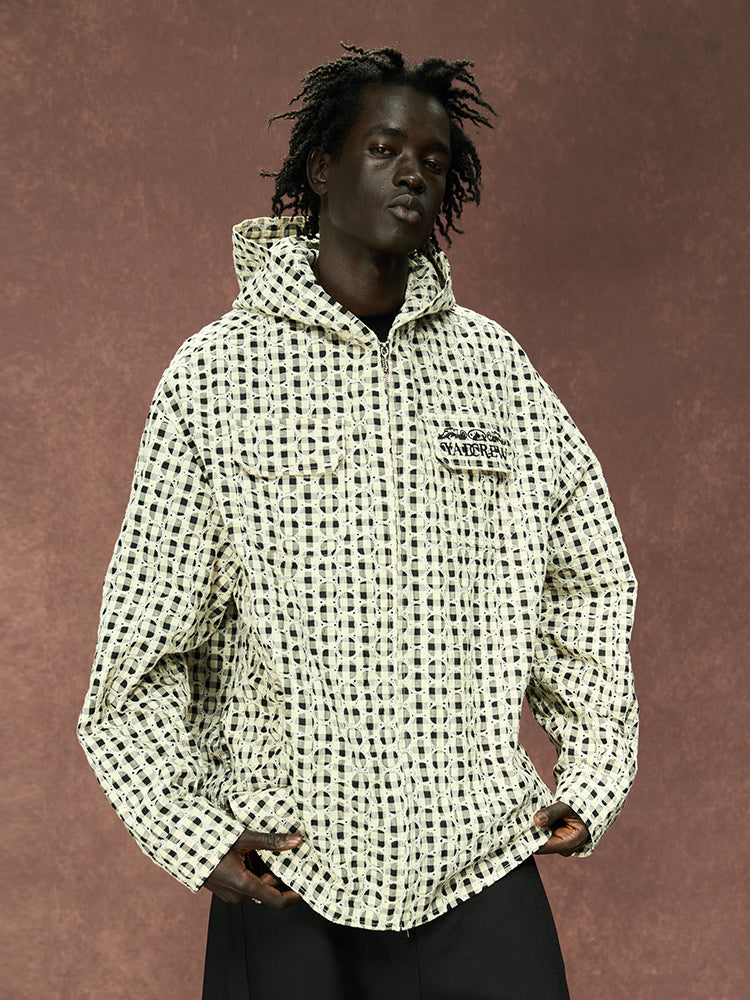 Hooded Plaid Shirt Jacket with Circle Lace Detail - chiclara