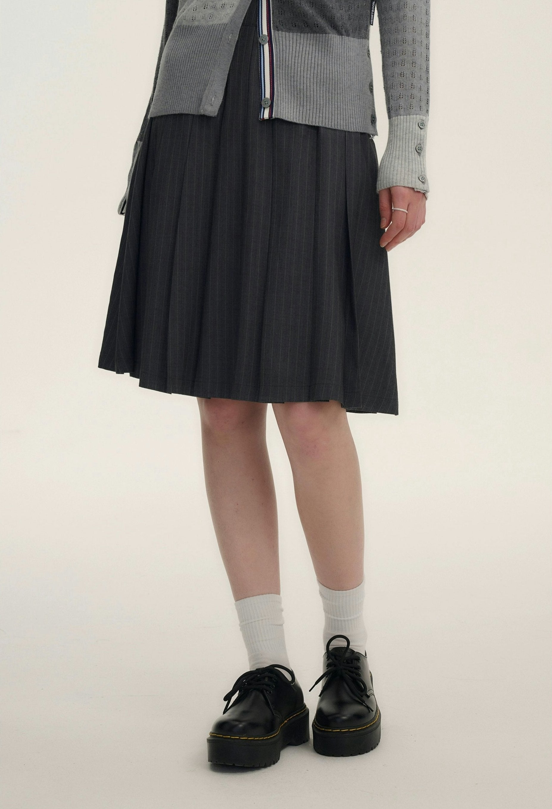 Grey Pinstripe Pleated Skirt