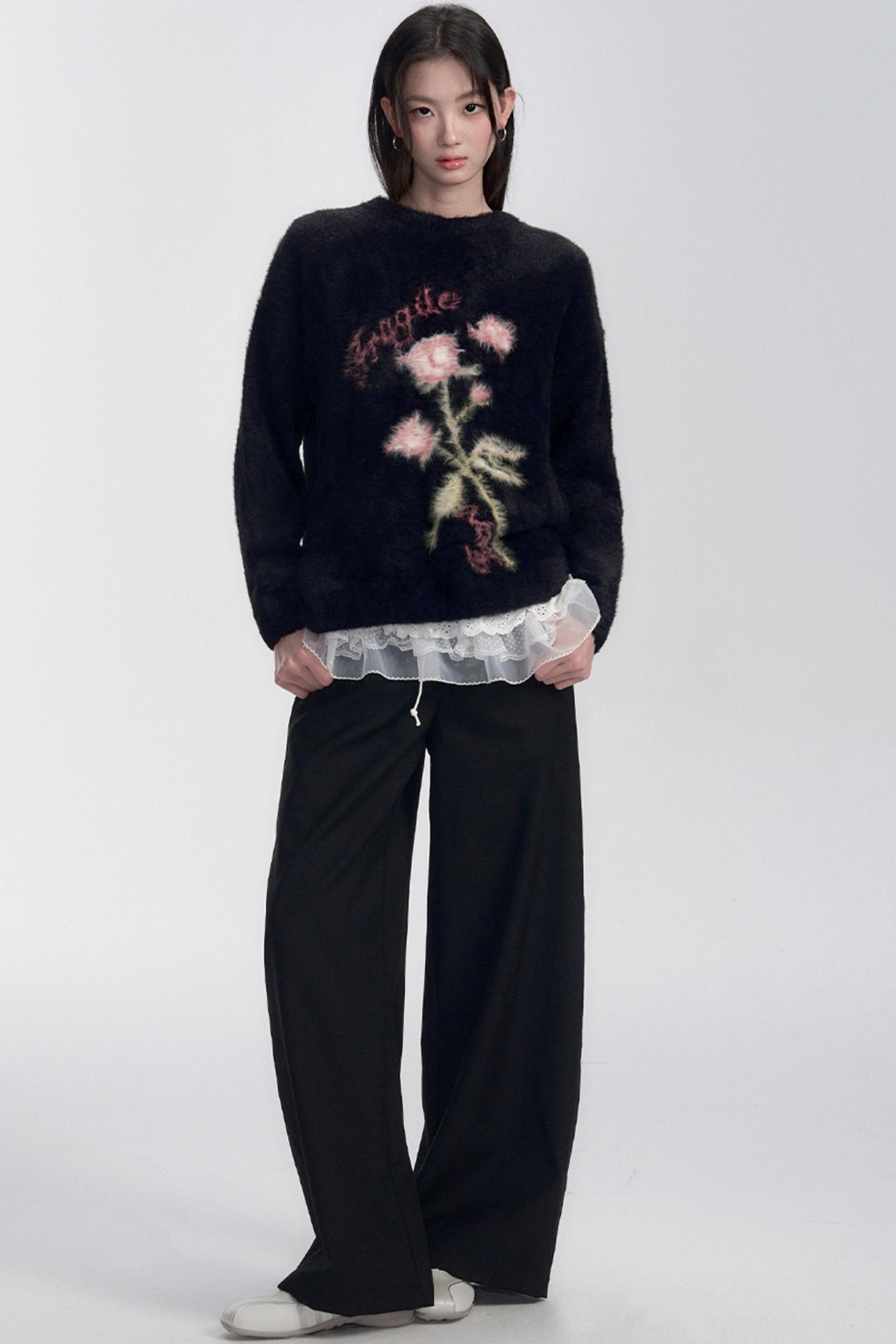 Floral Embroidered Fuzzy Sweater