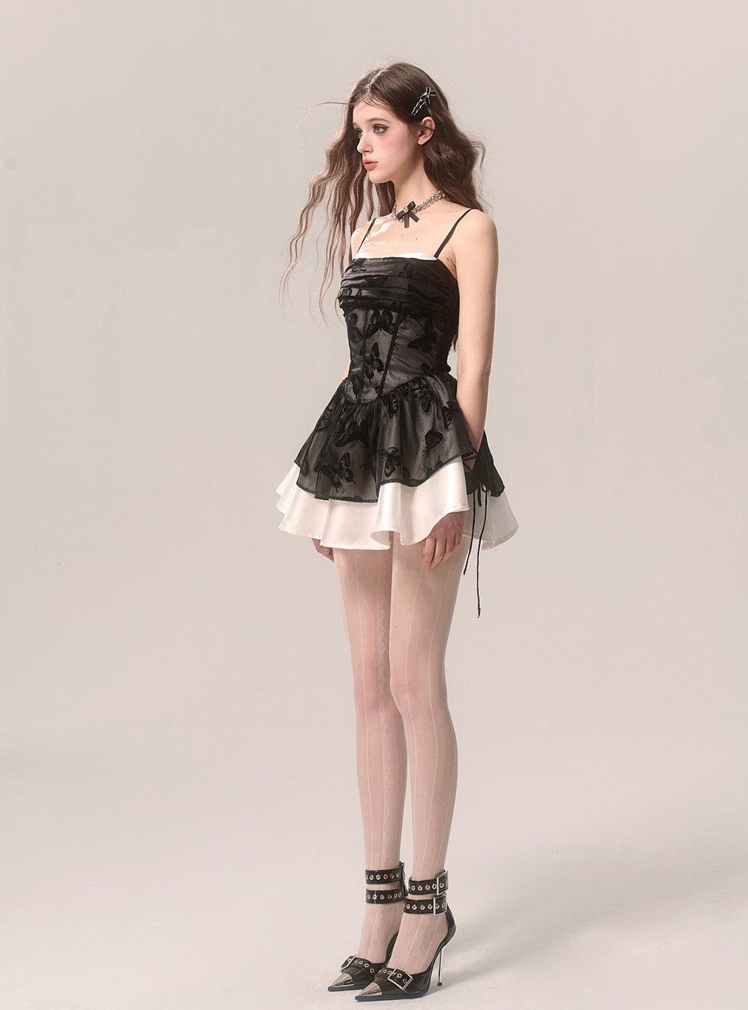 Elegant Black Butterfly Satin Layered Suspender Dress - chiclara