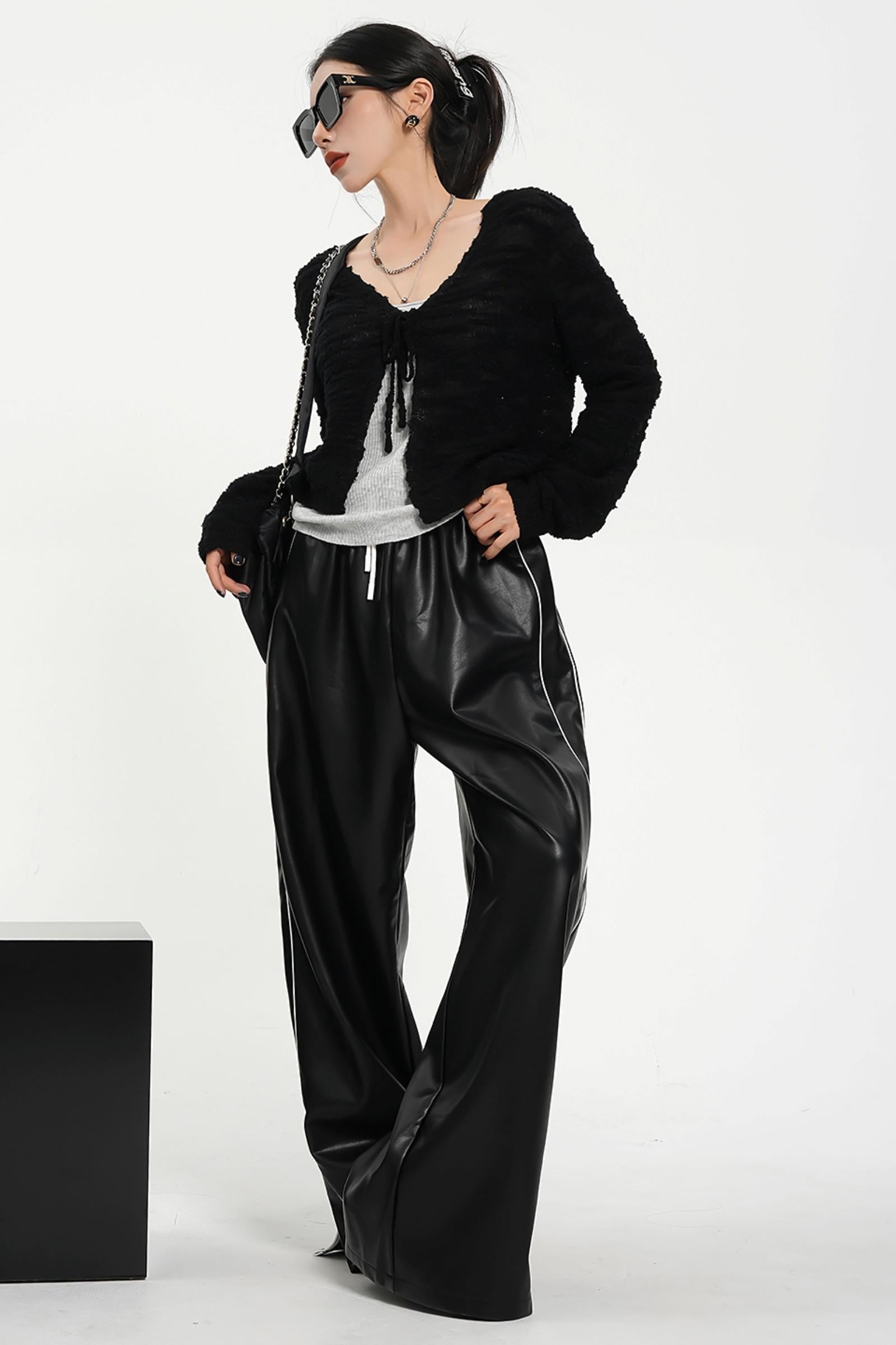 Luxe Satin-Look Drawstring Pants - Wide Leg Striped Track Bottoms