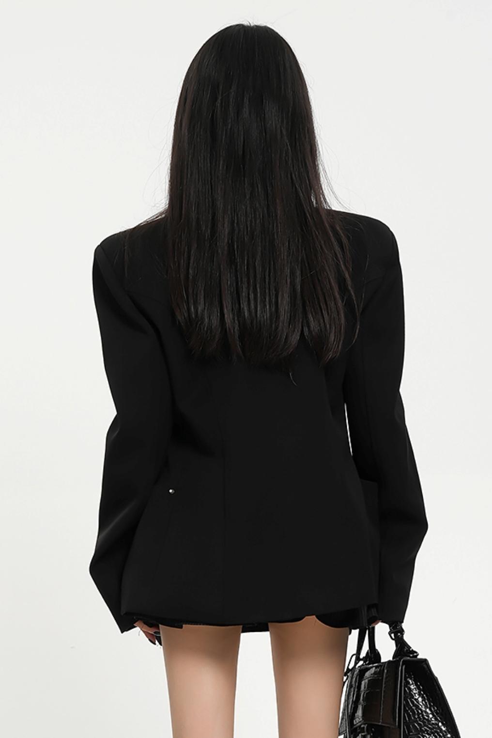 Classic Black Tailored Blazer - Multi-Pocket Professional Suit Jacket