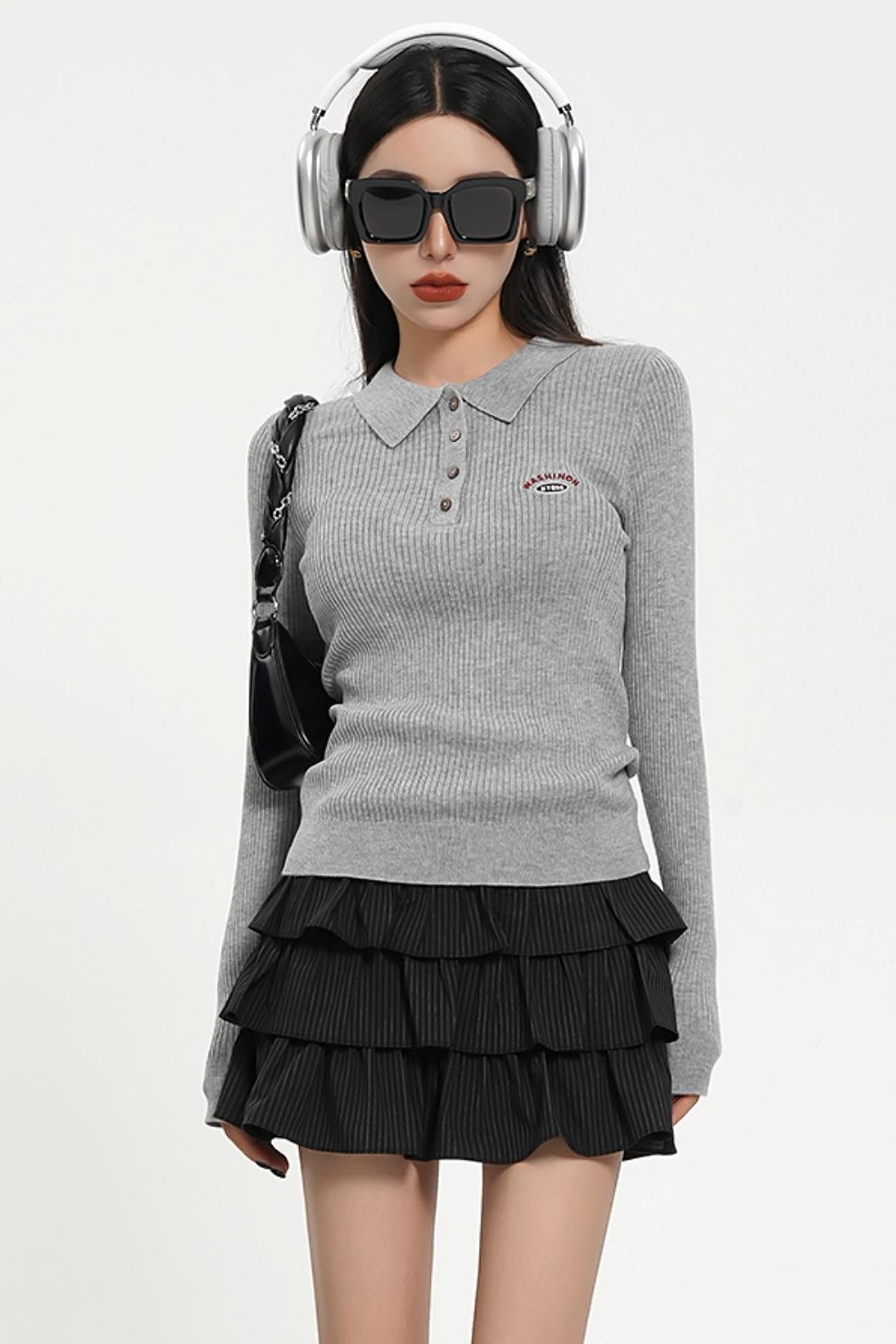 Long Sleeve Henley Sweater - Ribbed Knit Pullover with Embroidered Detail