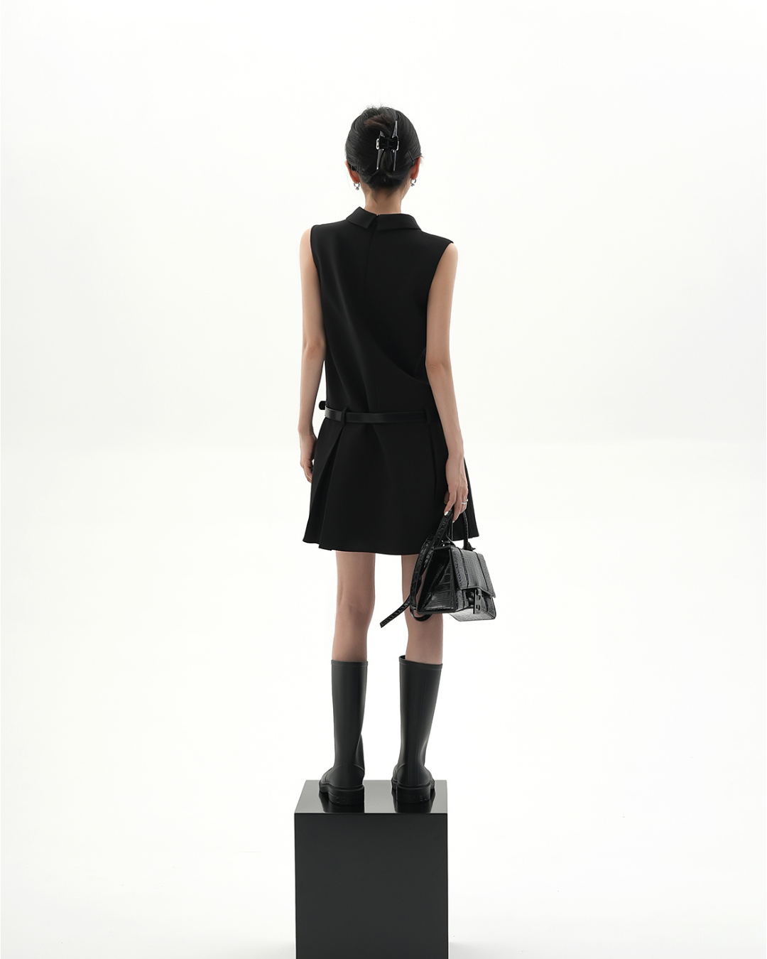 Sleeveless Mock Neck A-Line Dress - Belted Little Black Dress with Drop Waist