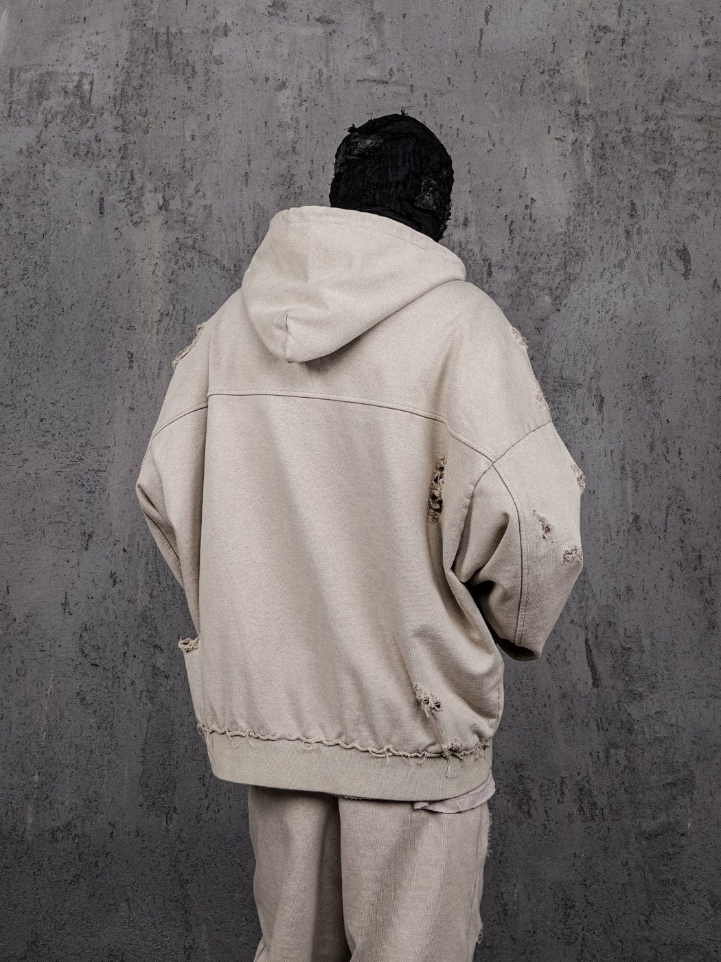 Distressed Beige Zip-up Hoodie