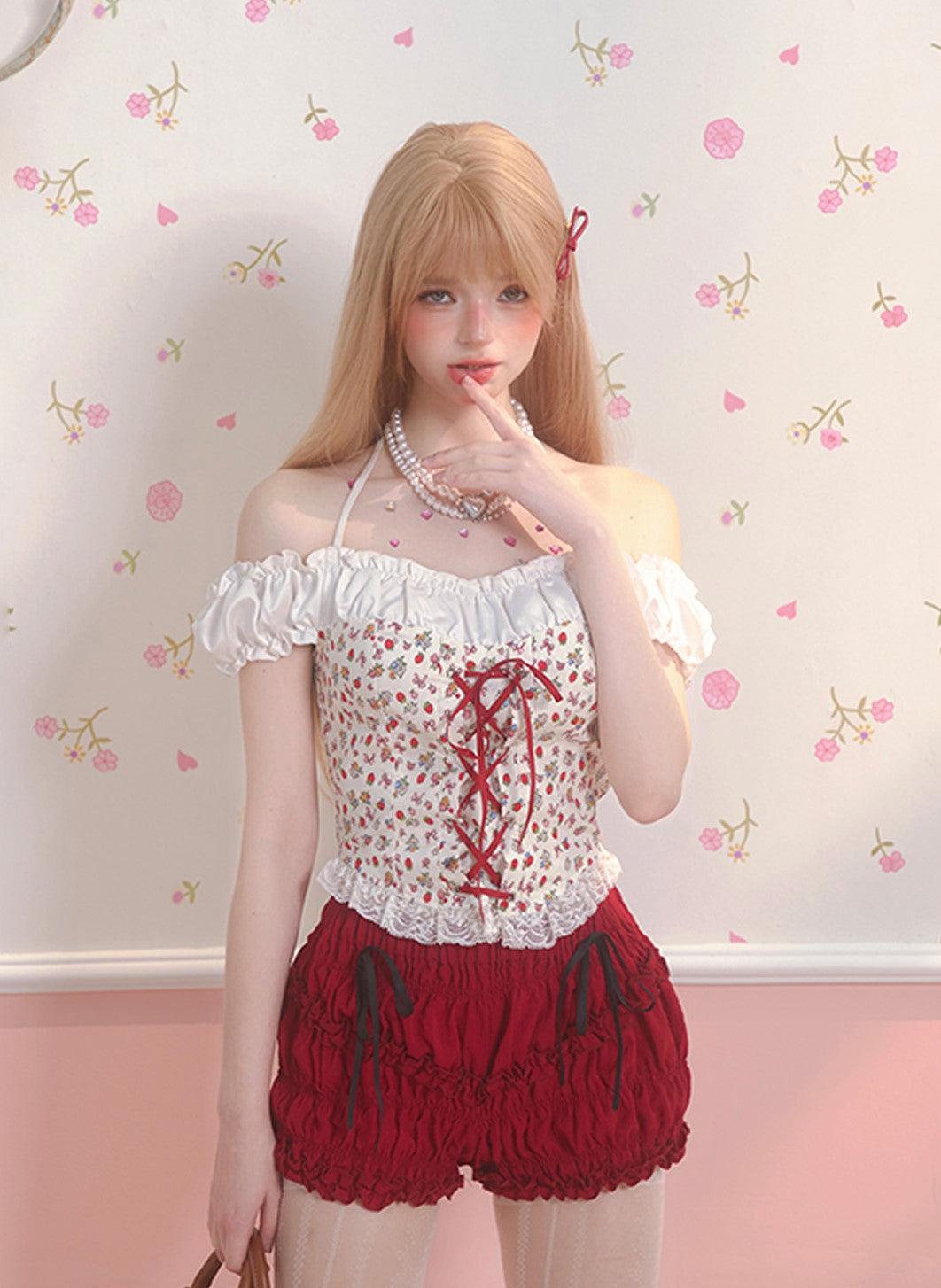 One Shoulder White Shirt and Shorts - Strawberry Sweetheart Edition - chiclara