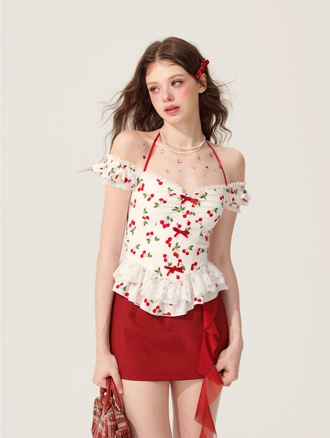 White Halter Neck T-shirt with Cherry Design - chiclara