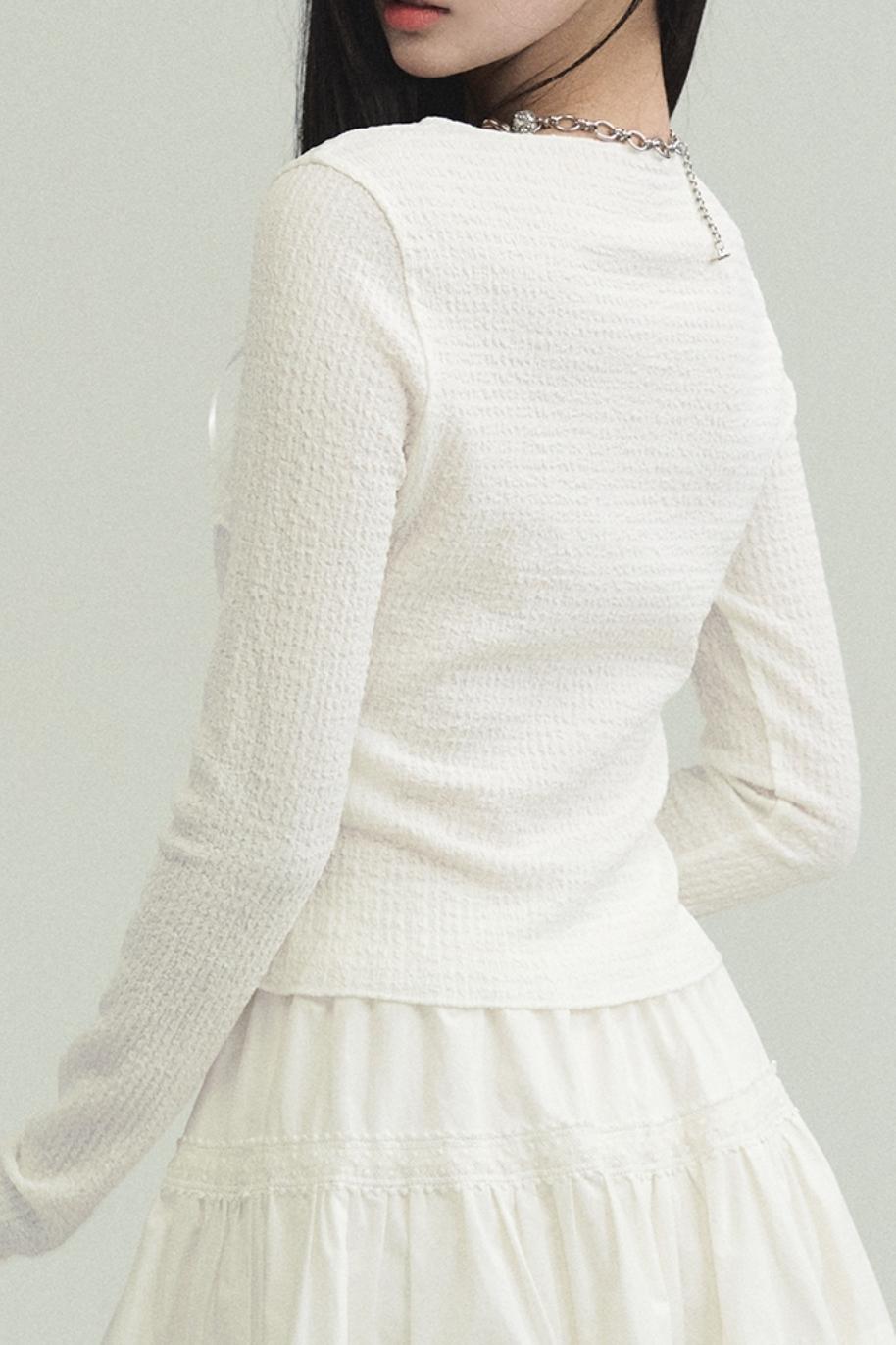 Ethereal Elegance: Ivory Long-Sleeve Crop Top with Asymmetrical Lace Overlay