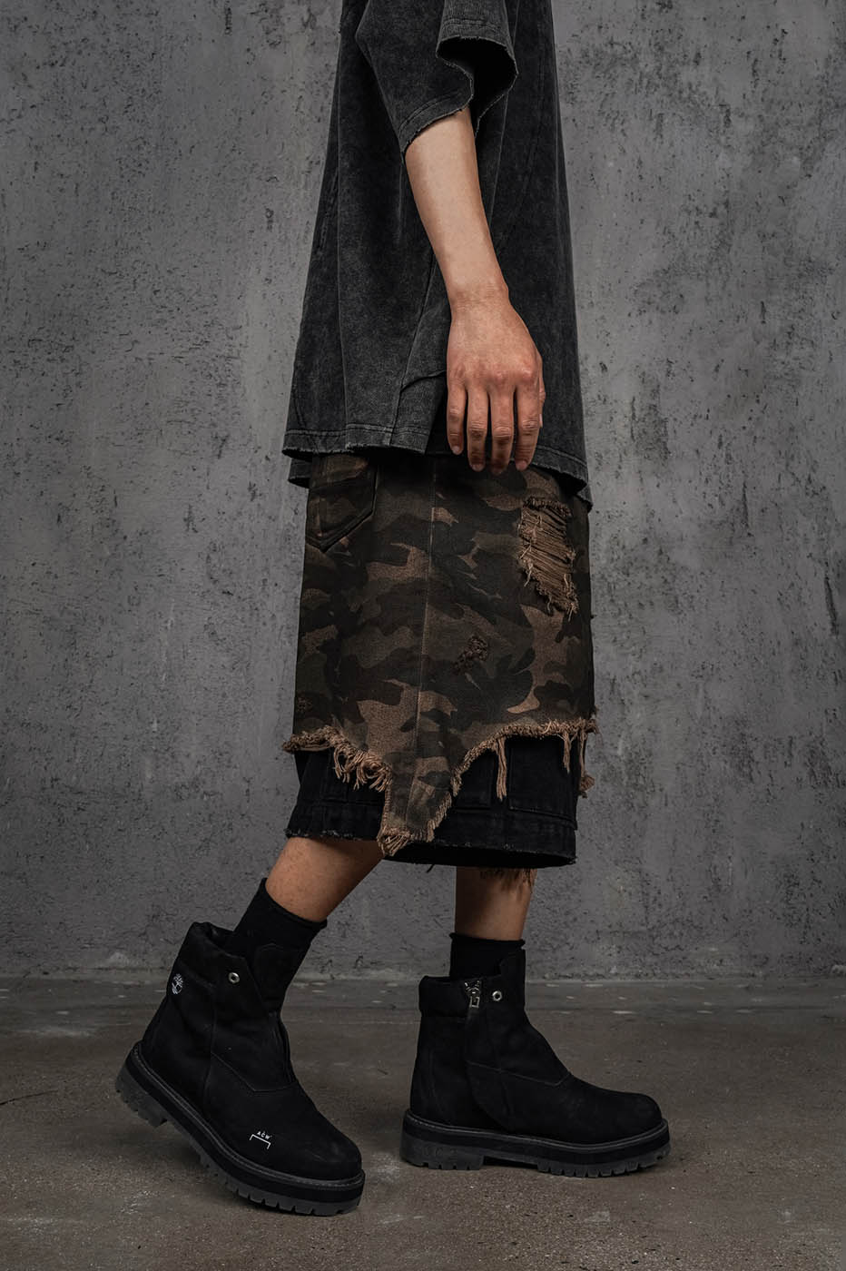 Double-Layered Shredded Camo Shorts