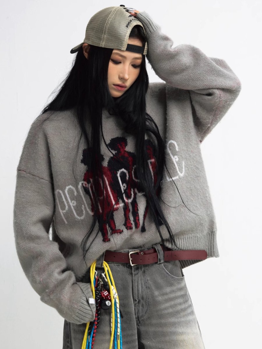 Grey Figure Print Knit Sweater