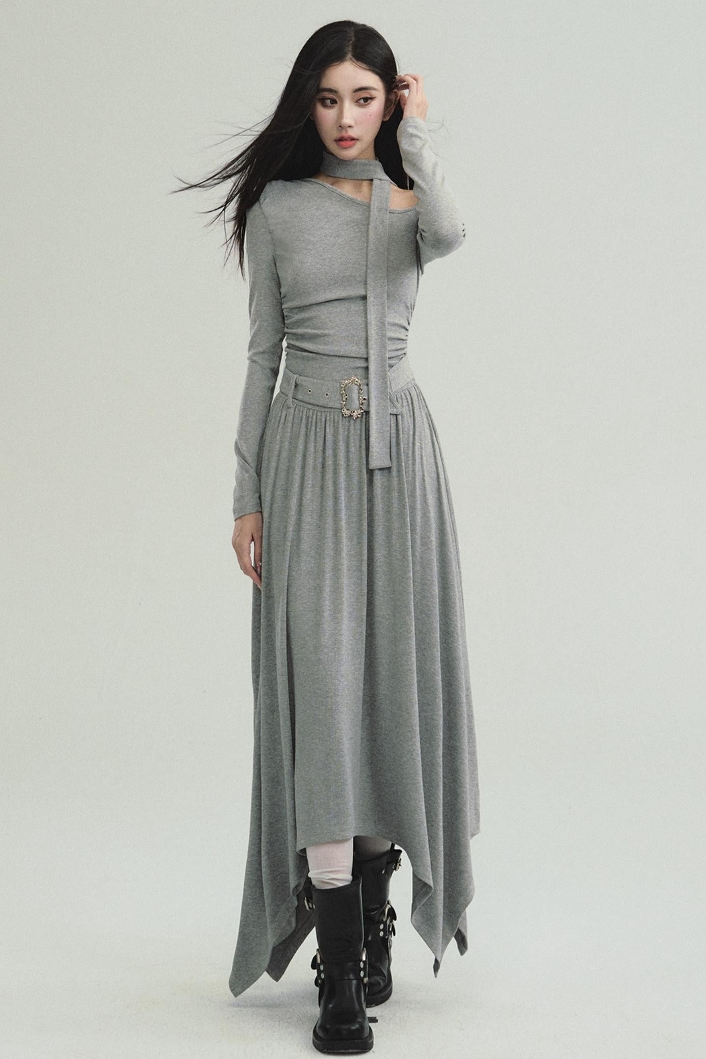 Cold Shoulder Choker Maxi Dress - Grey Gothic Asymmetric Dress