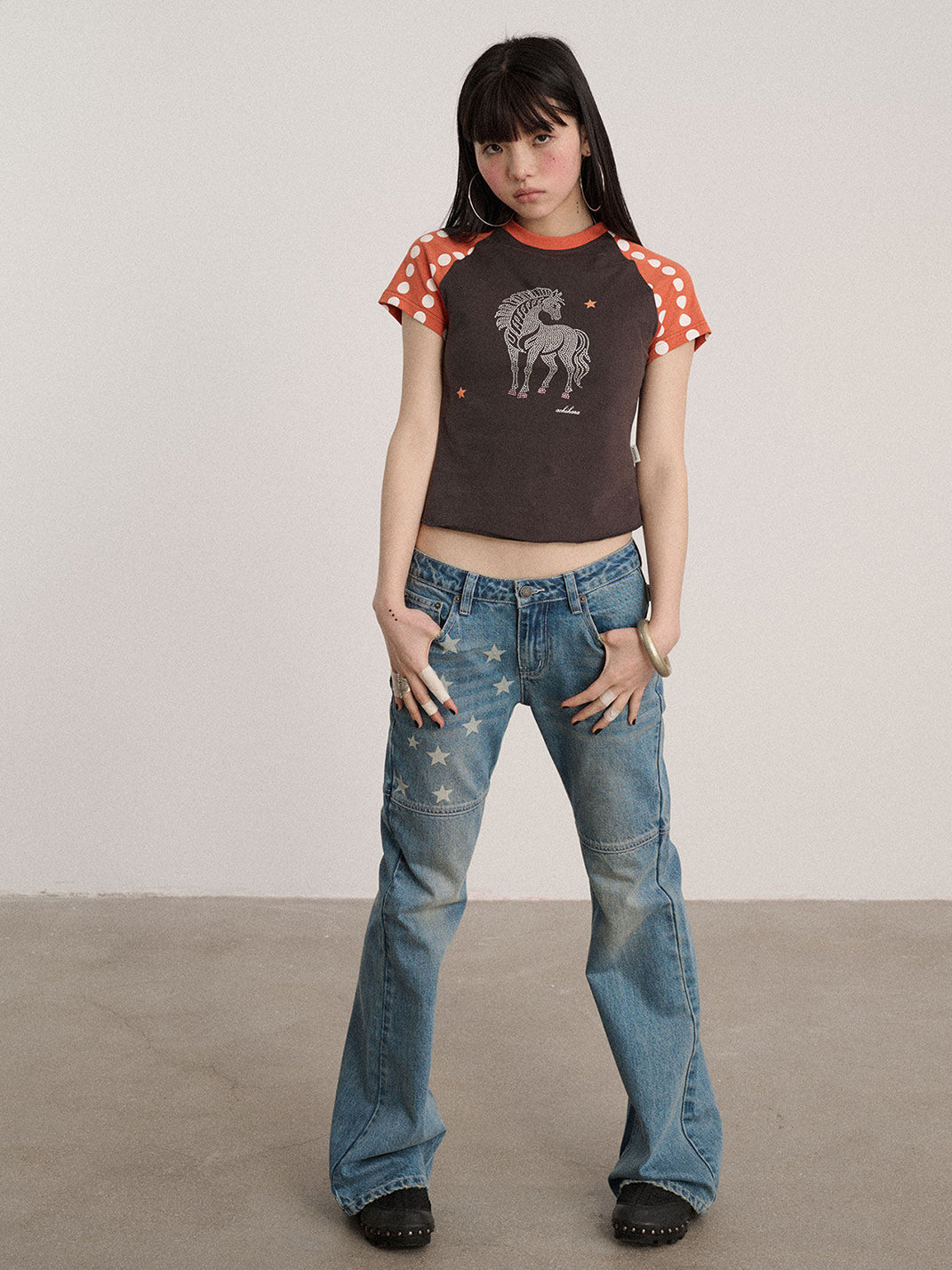 Star Panel Low-Waist Flare Jeans