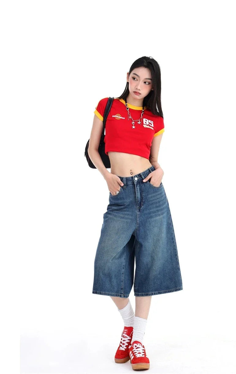 High Waist Denim Culotte Shorts