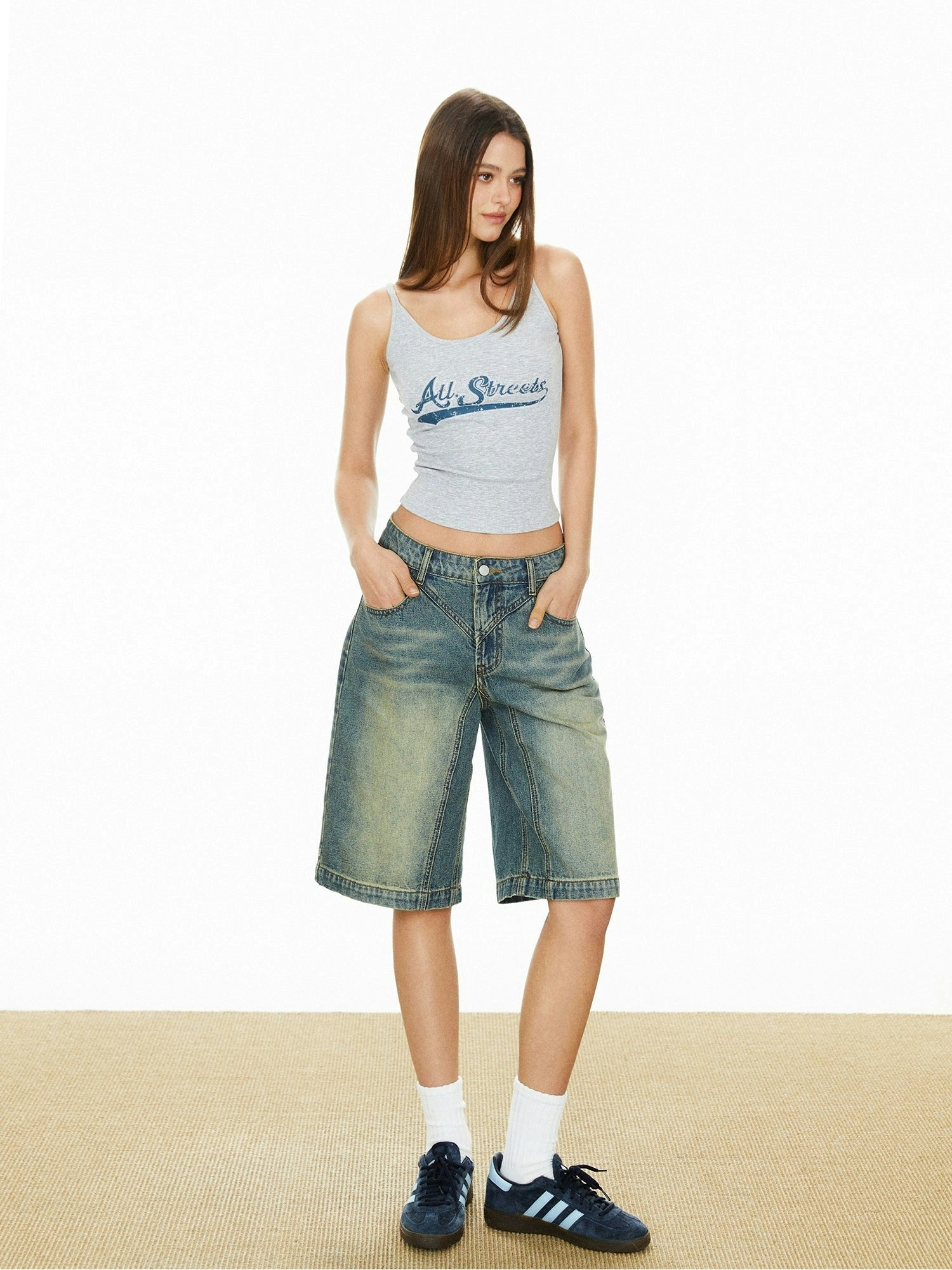 Contrast Stitching Denim Wide Leg Shorts