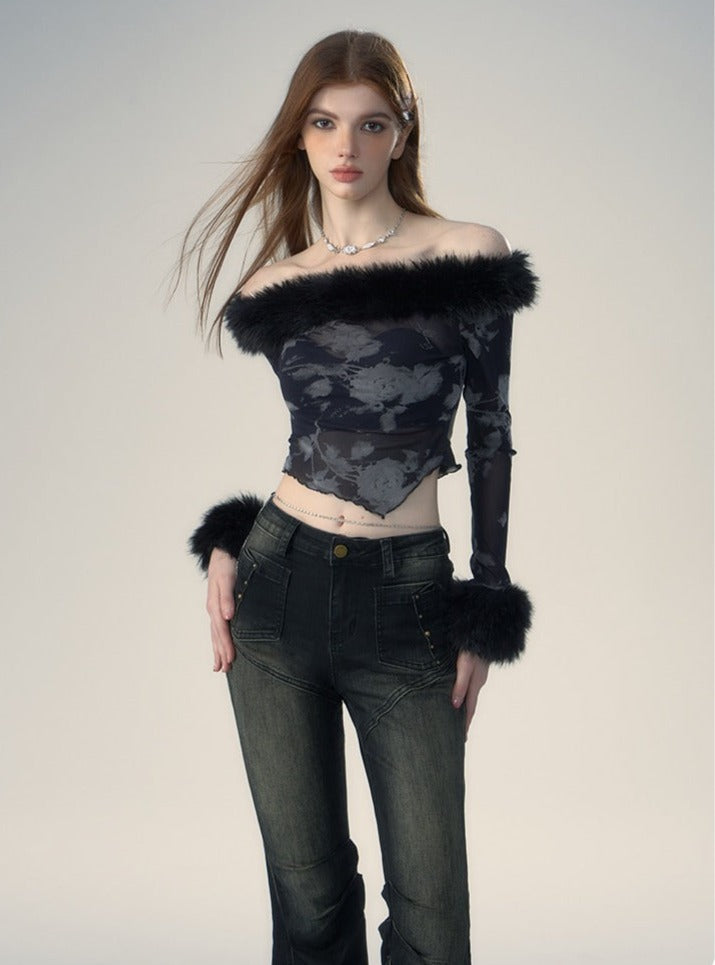 Fur Collar Long Sleeve T-Shirt - chiclara