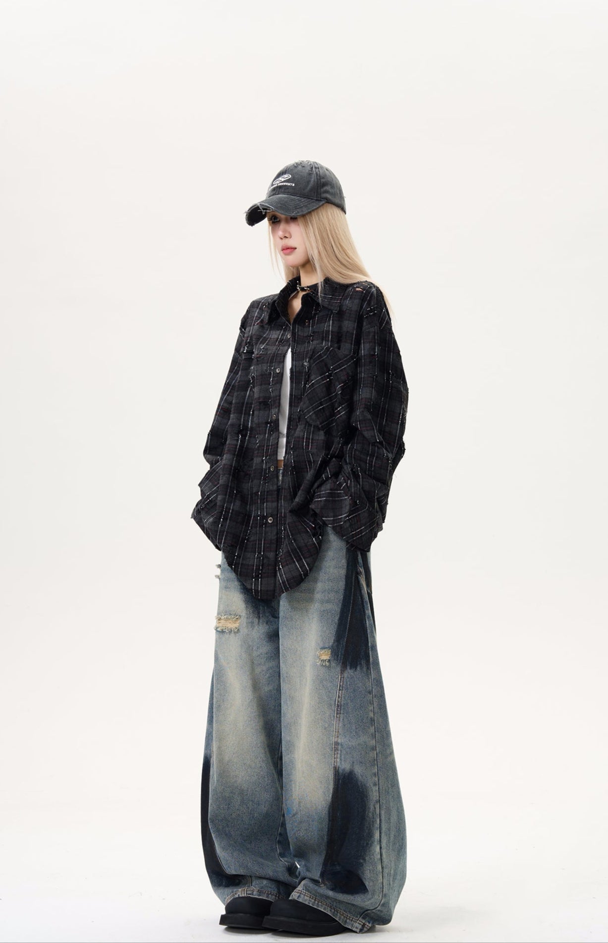 Distressed Bleach Washed Wide Leg Baggy Jeans