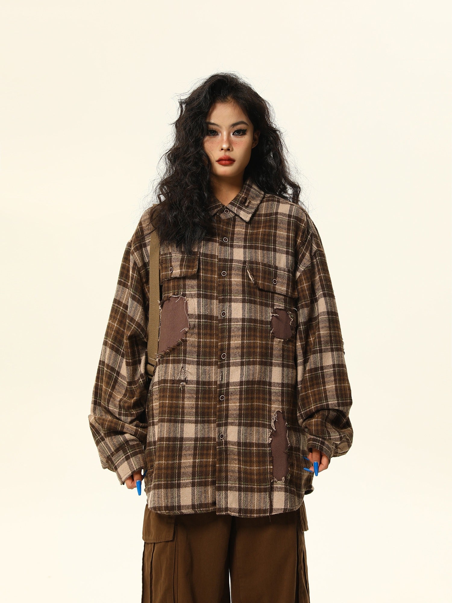 Oversized Distressed Plaid Flannel Shirt with Intentional Patches