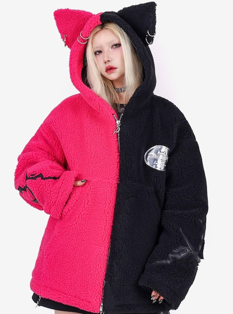 PINKSPINK Two-Tone Cat Ear Fleece Hoodie - Hot Pink/Black