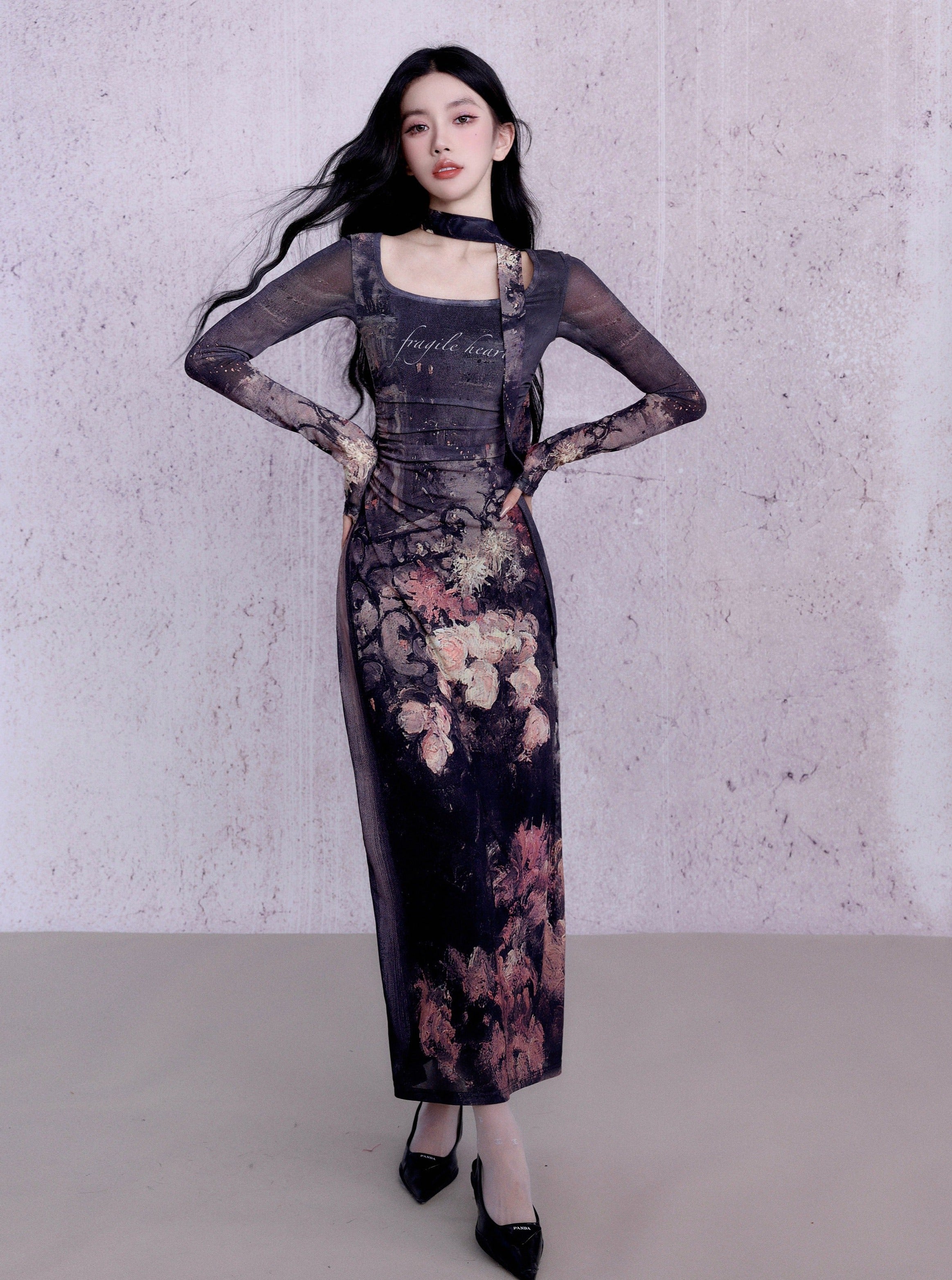 Enchanting Midnight Bloom Maxi Dress: Long-Sleeve Bodycon with Vintage Floral Print and Choker Detail