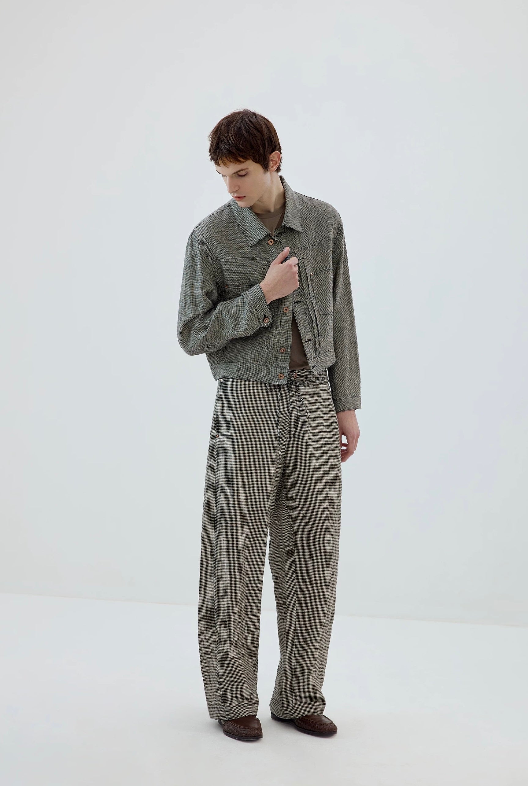 Plaid Linen Drawstring Trousers