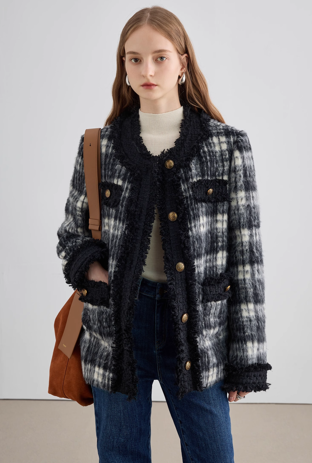 Monotone Check Collar Short Coat - chiclara