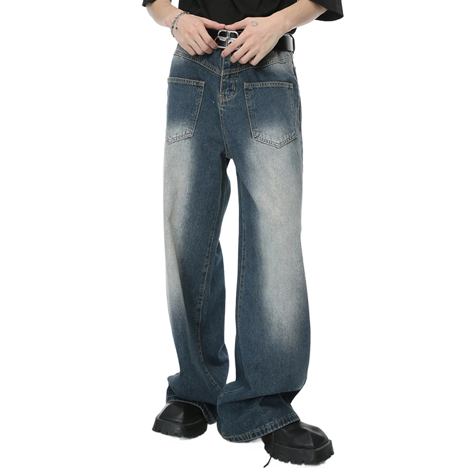 Reverse Pocket Vintage Faded Straight-Leg Jeans