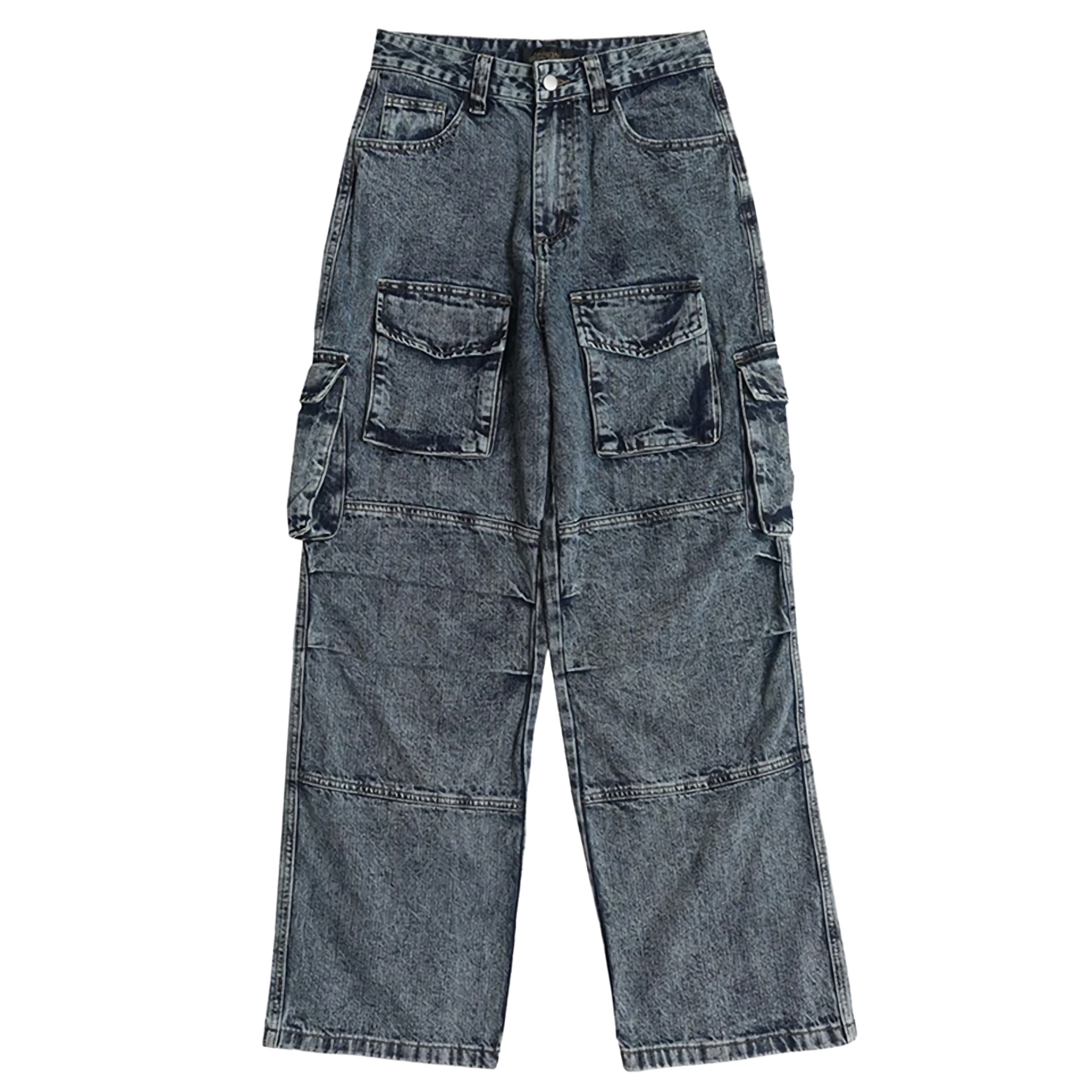 Vintage Wash Wide-Leg Cargo Denim Jeans